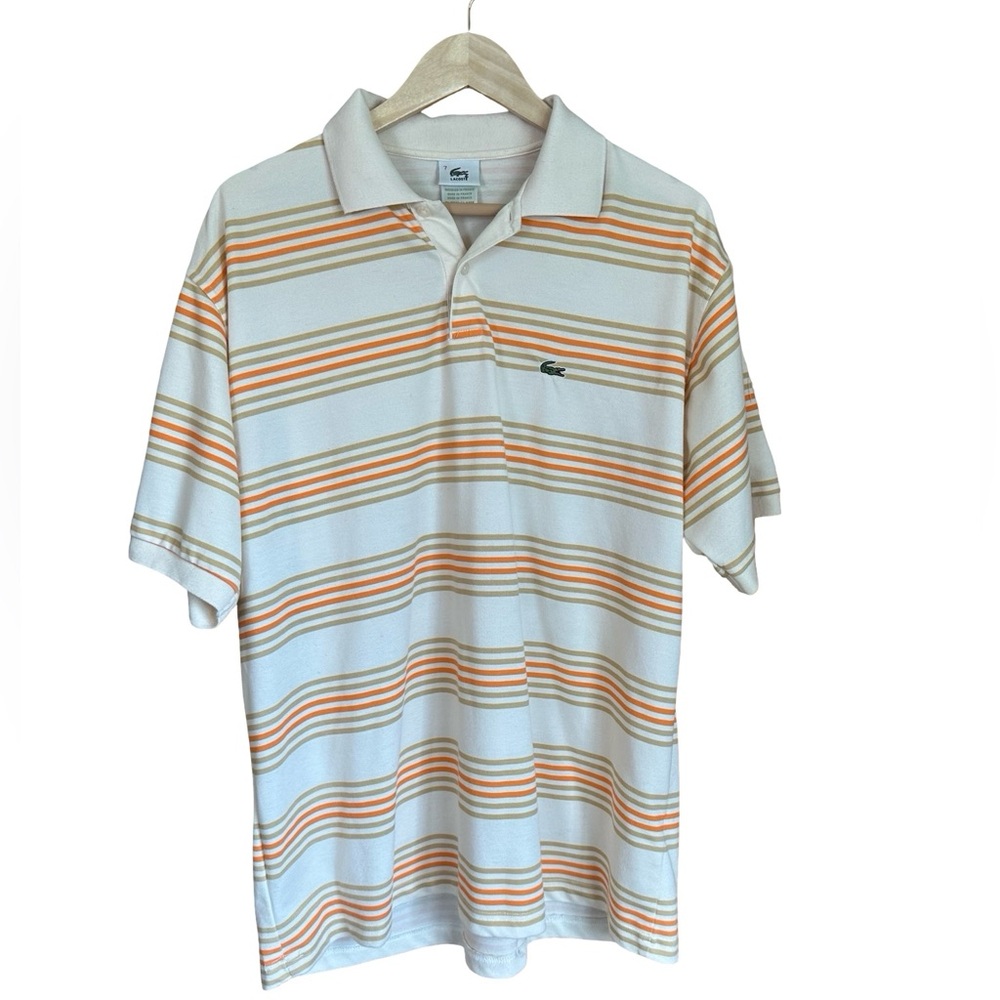 Vtg Lacoste Orange Striped Polo Shirt 100% Cotton, Made in France Sz 7 / US XXL
